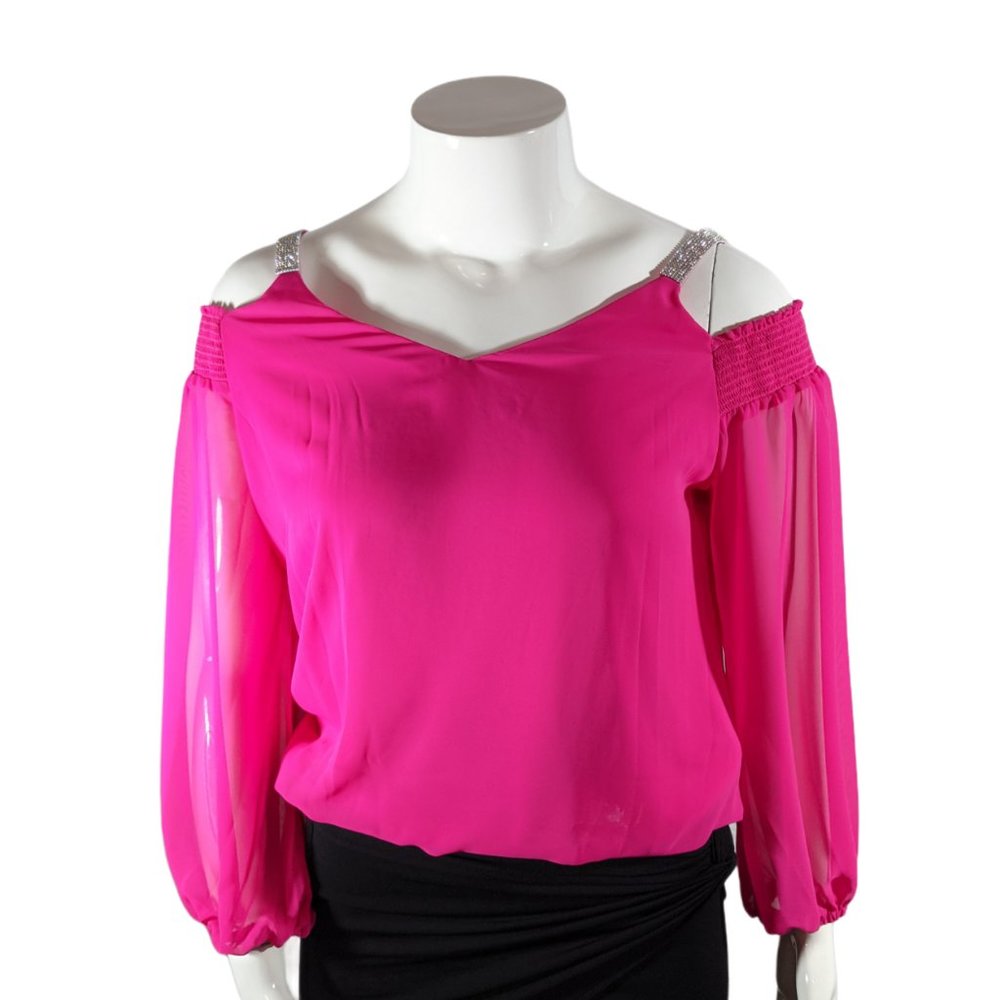 NWT Prelude Hot Pink V neck over the shoulders top